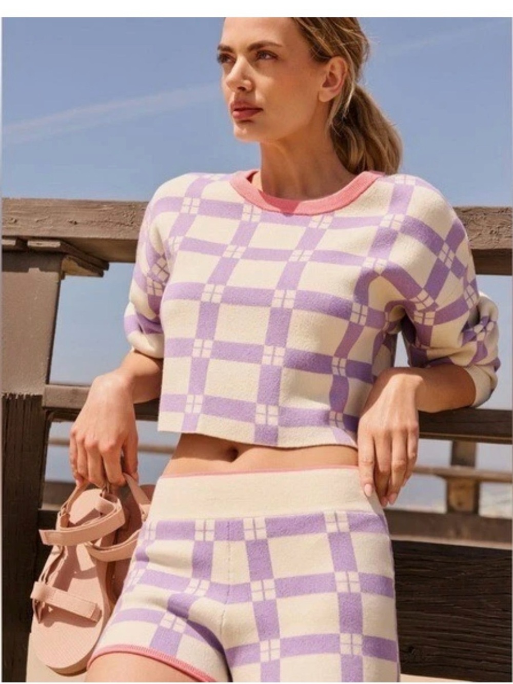 Anthropologie Cream & Lavender Checked Crop Sweater with Pink Trim